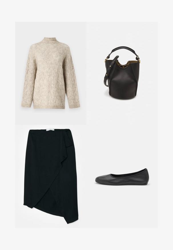 Bežs adīts džemperis ar augstu kaklu, ar teksturētu kablu rakstu un vaļīgām piedurknēm. Izgatavots no mīkstas, pūkainas dzijas.; Melna apakšsvārki no viegla auduma ar smalku tekstūru. Asimetrisks apakšmalas dizains un sānu krokošanas detalizācija. Nav redzamu detaļu vai akcentu.; Melna ādas baleta kurpe ar noapaļotu purngalu, gludu tekstūru, minimālu šuvju detalizāciju un elastīgu zoles dizainu.; Melnas ādas spainīša somas ar teksturētu apdari, zelta metāla aksesuāriem un atvērtu augšu. Piedāvā īsu rokturi un regulējamu plecu siksnu.