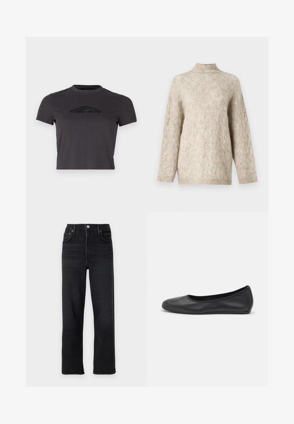 Beige neulepaita korkealla kauluksella, jossa on tekstuurillinen palmikkokuvio ja löysät hihat. Valmistettu pehmeästä, pörröisestä langasta.; Tummanharmaa lyhyt t-paita, joka on valmistettu pehmeästä puuvillasta. Siinä on pyöreä pääntie ja musta logopainatus edessä. Lyhyet hihat ja kapea mitoitus.; Mustat suorat farkut, jotka on valmistettu denimitPrepare. Ominaisuuksiin kuuluvat viisi taskua, napilla ja vetoketjulla varustettu sulku sekä hienovaraiset ompeluyksityiskohdat.; Musta nahkainen ballerina, jossa on pyöristetty kärki, sileä pinta, minimaalinen ommelkoristelu ja joustava pohjamuotoilu.