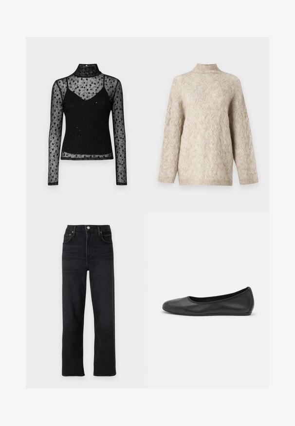 Pulover bej tricotat cu gât înalt, având un model texturat cu cabluri și mâneci largi. Fabricat din fire moi și pufoase.; Top negru cu mânecă lungă, prezentând un design din dantelă florală transparentă, cu guler înalt și o strată interioară ajustată. Texturat cu detalii brodate.; Jeans negri cu picioare drepte din denim. Prezintă cinci buzunare, închidere cu nasture și fermoar, și detalii subtile de broderie.; Balerini din piele neagră, cu vârf rotund, textură netedă, detalii de cusătură minimale și un design al tălpii flexibil.