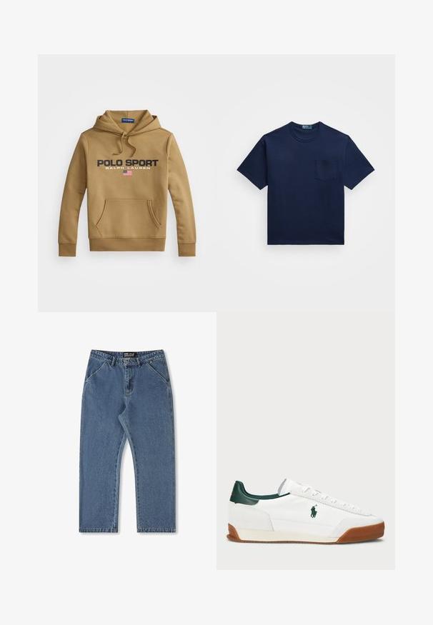 Brun hettegenser laget av mykt stoff, med en lomme foran, "POLO SPORT" grafikk og et amerikansk flaggdetalj.; Marineblå bomull T-skjorte med rund hals, korte ermer og lomme på venstre bryst. Glatt tekstur med en klassisk passform.; Blå denimjeans med rett ben design, midjehøyde og klassisk fem-lomme styling. Har subtil fading og sydd detaljer.; Hvite sneakers med grønne lærdetaljer og en tan gummisåle. Har en stoffoverdel og en fremtredende logo på siden. Snøring.