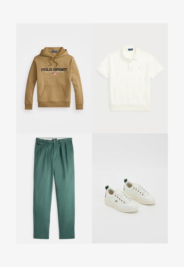 Sweatshirt capuz castanho feito de tecido macio, com um bolso frontal, gráfico "POLO SPORT" e detalhe da bandeira americana.; Polo Ralph Lauren LOOPBACK FLEECE POLO-COLLAR SWEATSHIRT - Polo - clubhouse cream; Calças de algodão verdes com pregas, dois bolsos frontais e fecho de botão. Apresentam um design de perna reta e textura suave.; Sapatilhas de pele branca com detalhes verdes, design de atacadores, ilhoses dourados e painéis texturizados. Sola de borracha grossa de cor creme.