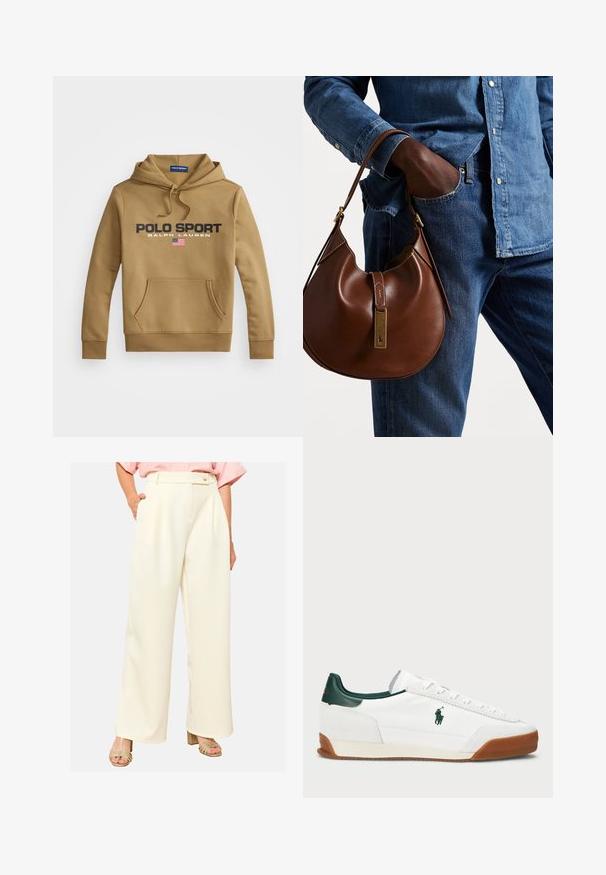 Bruine hoodie gemaakt van zachte stof, met een voorzak, "POLO SPORT" grafische weergave en een detail van de Amerikaanse vlag.; Witte katoenen t-shirt met korte mouwen, voorzien van een zwart geborduurd "POLO" logo op de voorkant. Eenvoudig, boxy ontwerp.; Wijdvallende broek in crèmekleurige stof met een gladde textuur, voorzien van een hoge tailleband, plooien en zijzakken. Eenvoudige knoopsluiting.; Witte sneaker met groene leren accenten en een beige rubberen zool. Bevat een stoffen bovenwerk en een prominent logo aan de zijkant. Vetersluiting.; Bruine leren hobo tas met een rondvorm, voorzien van een gouden hardwareaccent en contrasterende stiksels. Gecombineerd met een denim shirt en jeans.