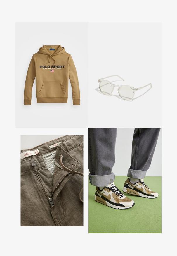 Brūns kapucēts džemperis, izgatavots no mīksta auduma, ar priekšējo kabatu, "POLO SPORT" grafiku un Amerikas karoga detaļu.; Balta kokvilnas T-kreklu ar īsām piedurknēm un apaļu kaklu; tam ir mazs melns taisnstūra Nike Air logos kreisajā krūtī.; Brūnas linu bikses ar priekšējo rāvējslēdzēju, pogu aizdari un svītrotu iekšējo oderi. Iekļauj šuvju detaļas un birkas.; Nike Air Max 90 kedas bēšā un melnā krāsā, ar sieta un ādas materiāliem, redzamu amortizāciju un melnām auklām.; Apaļi saulesbrilles ar caurspīdīgu rāmi, gaiši zaļām lēcām un plānām, caurspīdīgām kājām. Rāmī ir izsmalcināti metāla akcenti.