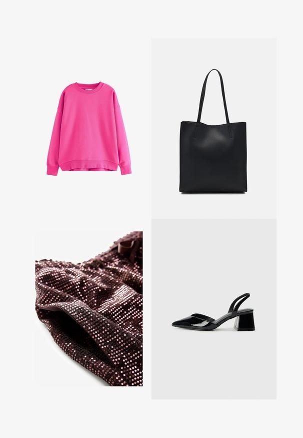 Rozā džemperis ar apaļu kakla izgriezumu, nolaižamām plecu šuvēm, ribotām piedurknēm un apakšmali, izgatavots no mīksta, gluda auduma. Nav rakstu vai akcentu.; Sekvīnu tops ar strukturētu virsmu, kas izgatavots no tumši purpura auduma, rotāts ar rozā sekvīniem un ar lentei līdzīgu detaļu ap kaklu.; Melna lakota āda ar atvērto papēdi, ar smailu purngalu un ģeometrisku blokpapēdi. Iezīmējas elegants, minimāls dizains un gluda tekstūra.; Melnas ādas somiņa ar gludu tekstūru, taisnstūra formu un divām garām rokturiem. Nav redzamu aparatūras vai rotājumu.