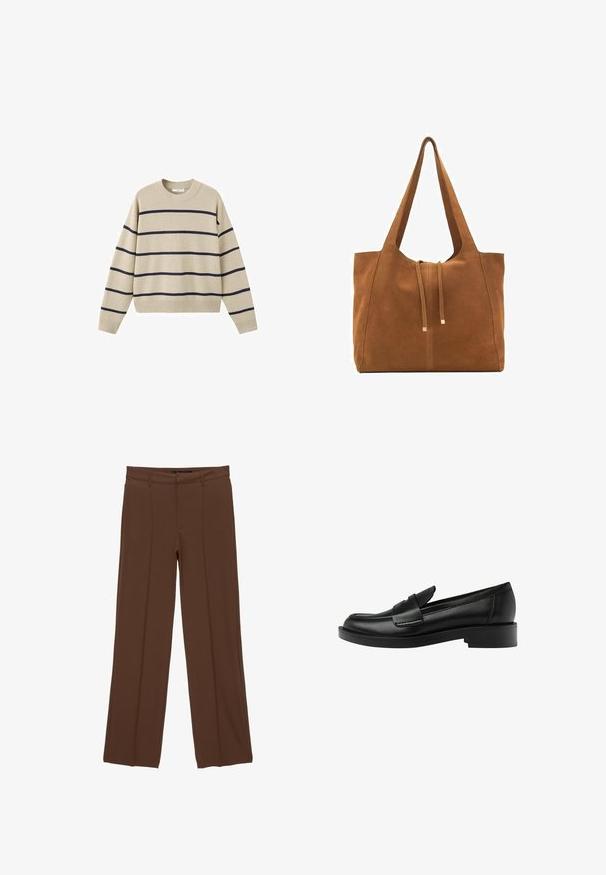Béžový sveter s námořníckymi vodorovnými pruhmi, crew neckline a dlhými rukávmi. Vyrobený z mäkkého materiálu s rebrovanými manžetami a lemom.; Hnedé nohavice s širokými nohavicami vyrobené z hladkej tkaniny, s plochým predným dielom, dvoma prednými vreckami a s prelisovanými záhybmi pre upravený vzhľad.; Čierne kožené loafery s okrúhlou špičkou, ktoré majú výrazný prešitý detail na priehlavku a nízky blokový podpätok pre stabilitu.; Hnedá semišová taška cez rameno s dvoma dlhými popruhmi, sťahovacou šnúrkou a minimalistickým dizajnom. Hladký povrch a žiadne viditeľné kovové doplnky.
