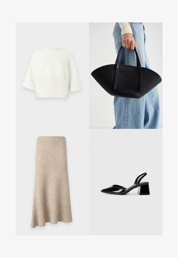 Biały krótki sweter z krótkimi rękawami, okrągłym dekoltem i gładką teksturą. Prosty design bez wzorów czy akcentów.; Spódnica o długości do kolan w kształcie litery A z miękkiego beżowego materiału o teksturowanej powierzchni, bez widocznych zapięć i wzorów.; Czarne lakierowane półbuty na obcasie z wydłużonym noskiem i geometrycznym słupkiem. Charakteryzują się eleganckim, minimalistycznym designem oraz gładką fakturą.; Czarna skórzana torebka w unikalnym kształcie wachlarza, z płaskimi uchwytami. Powierzchnia ma fakturę kamyków i minimalistyczny design.