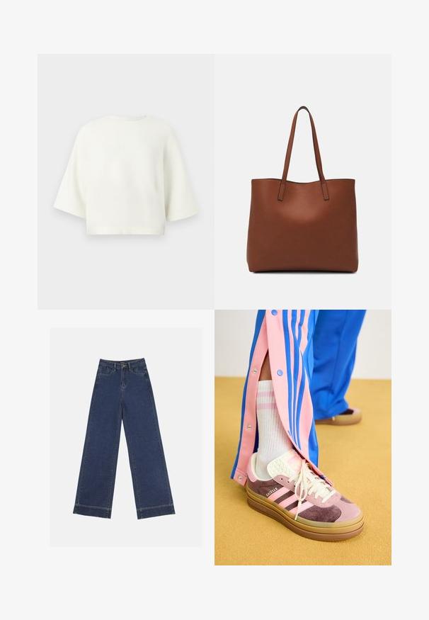 Baltas trumpas megztinis su trumpomis rankovėmis, apvaliu iškirpimu ir glotnia tekstūra. Paprastas dizainas be raštų ar akcentų.; Plati džinsai tamsiai mėlynos denimo. Yra penki kišenės, diržo kilpos ir apatinė briauna su matomais siuvimo detalėmis.; Rožinės ir violetinės zomšinės sportbačiai su kūno spalvos pado, su baltais raišteliais ir trimis rožinėmis juostelėmis, derinami su baltais kojiniais ir mėlynomis sportinėmis kelnėmis.; Ruda odinė priekabų krepšys su glotnia tekstūra, atviru viršumi ir dviem petnešomis. Su minimalia siuvimo detalėmis ir nematoma aparatūra.