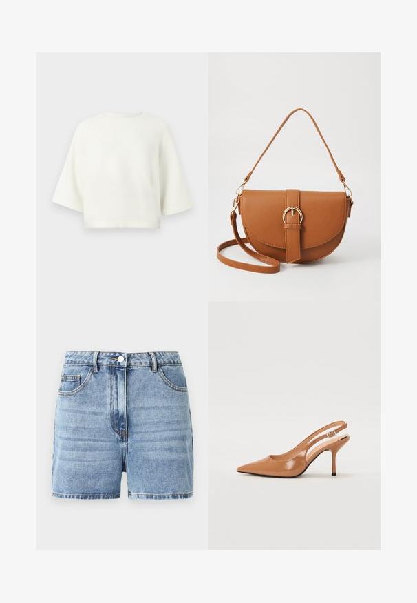 Hvit kortermet genser med rund hals og myk tekstur. Enkel design uten mønstre eller detaljer.; Lyseblå denimshorts med høy midje, frontlukking med knapp og en enkelt frontlomme. Har sømmer og en klassisk fasong.; Spiss tå slingback hæl i et glat, glinsende brunt materiale. Har et buet utskårent design og en slank stilett hæl. Sølvspenne detalj.; Brun lærcrossbody-veske med en buet form, gullhardware og et spenneakcent. Har en avtakbar skulderreim.