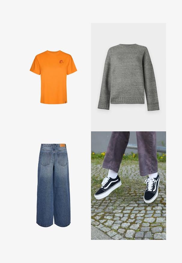 Grijze gebreide trui met een ronde halslijn, verlaagde schouders en geribbelde manchetten en zoom. Glad textuur met een effen kleur en minimale details.; Oranje katoenen T-shirt met korte mouwen, ronde hals en een klein paars logo op de linkerborst. Glad textuur, casual pasvorm.; Brede denim culottes in een middelblauwe wassing met een vervaagde textuur, voorzien van twee achterzakken en een bruine leren merklabel op de tailleband.; Zwarte suède sneakers met witte accenten, met een ronde neus, dikke witte zool en klassieke vetersluiting, gedragen met witte sokken en paarse broek.