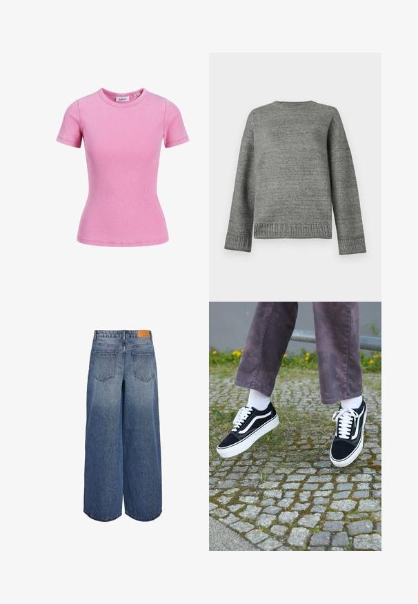 Šedý pletený svetr s kulatým výstřihem, spadlými rameny a žebrovanými manžetami a spodním lemem. Hladká textura s jednobarevným provedením a minimálními detaily.; Růžové proužkované tričko s kulatým výstřihem a krátkými rukávy, s úzkým střihem a minimem švů. Viditelná značka.; Kratší denimpantalony s širokými nohavicemi v modré barvě s vybledlým efektem, se dvěma zadními kapsami a hnědou koženou značkovou visačkou na pase.; Černé semišové tenisky s bílými akcenty, s zaoblenou špičkou, silnou bílou podrážkou a klasickým šněrovacím designem, nošeny s bílými ponožkami a fialovými kalhotami.