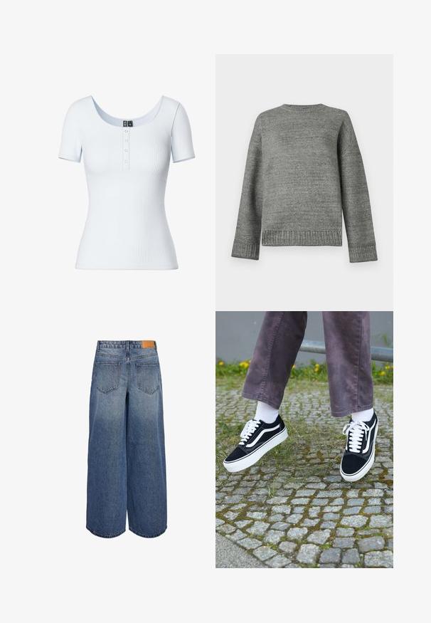 Suéter cinza de malha com decote redondo, ombros caídos e punhos e bainha canelados. Textura suave com cor sólida e detalhes mínimos.; Pieces PCKITTE - T-shirt básica - bright white; Calças culottes de denim de perna larga em lavagem azul média com uma textura desbotada, apresentando dois bolsos traseiros e uma etiqueta de marca em couro castanho na cintura.; Sapatilhas de camurça pretas com detalhes brancos, apresentando um bico arredondado, sola branca grossa e um design clássico de atacadores, usadas com meias brancas e calças roxas.