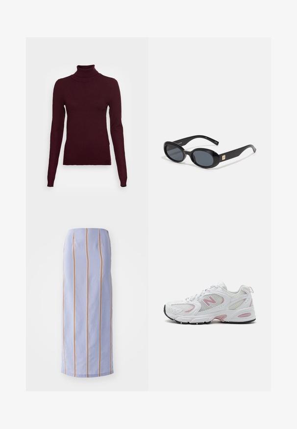 Vero Moda Tall VMHAPPINESS ROLLNECK - Pullover - winetasting; Jupe midi violette clair avec des rayures verticales orange et blanches. Texture lisse avec une coupe structurée et un ourlet droit.; Baskets de sport blanches avec tige en maille et synthétique, accents roses, collier rembourré et semelle en caoutchouc noir. Présente des perforations visibles et un logo.; Lunettes de soleil ovales noires avec des verres foncés, monture en plastique brillant, branches larges et un petit accent doré d'un côté.