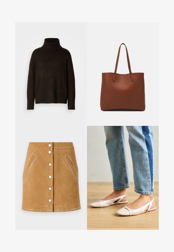 Sötétbarna garbós pulóver, texturált kötött anyagból készült, laza szabással és bordázott mandzsettákkal, valamint szegéllyel rendelkezik.; Barna velúr szoknya elöl gombos záródással, két oldalsó zsebbel és ezüst szegecsekkel a zsebek mentén és a szegélynél. Simább textúra.; Világos rózsaszín slingback laposlábú cipők, hegyes orral, sima bőrhatású anyagból készült. Oldalt kivágott részletek találhatók rajta, valamint lapos sarkú.; Barna bőr vászontáska sima textúrával, nyitott tetejű dizájnnal és két vállpánttal. Minimális varrással és látható hardver nélkül készült.