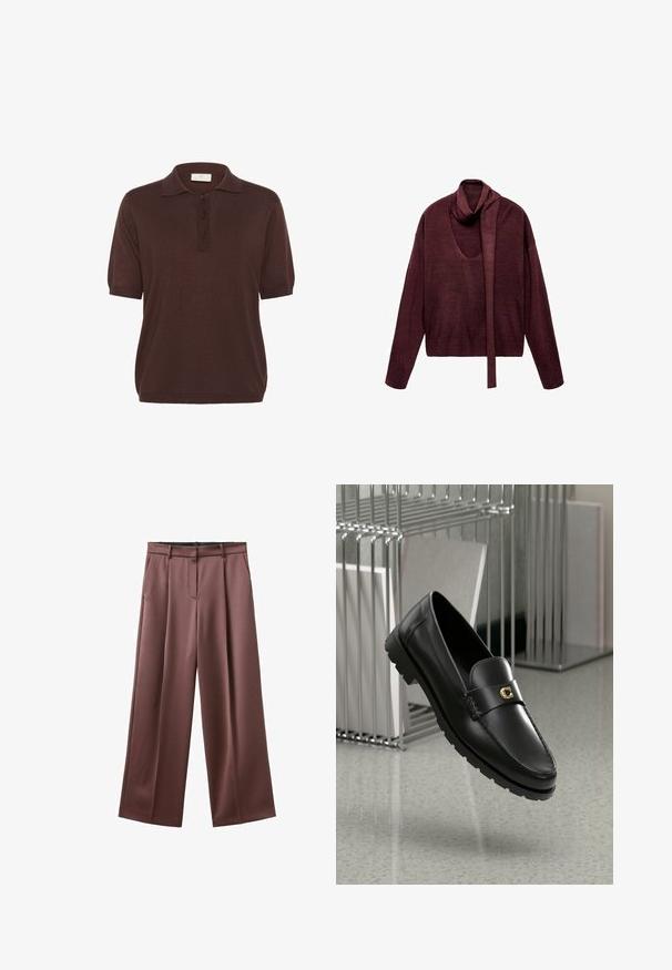 Pull en tricot bordeaux avec une longue écharpe attachée, décolleté ouvert et coupe décontractée. Il présente un ourlet côtelé et une texture douce.; Polo shirt marron à manches courtes, avec un col classique, une patte de boutonnage à trois boutons et un tissu en tricot texturé. Coupe décontractée et relax.; Pantalons à jambes larges en tissu marron foncé avec une texture lisse, dotés de plis avant et de poches latérales. Ceinture sur-mesure sans matériel visible.; Mocassins en cuir noir avec une couture surélevée, logo doré en accent et sangle texturée. Comportent une semelle en caoutchouc épaisse et durable.