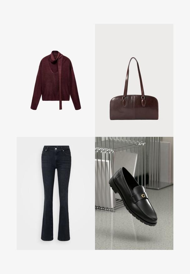 Burgundy knit sweater with long, attached scarf, open neckline, and loose fit. Features ribbed hem and soft texture.; Black flared jeans made of denim, featuring a high waist, five-pocket design, and metal button closure. Smooth texture, minimal fading.; Black leather loafers with a raised seam, gold accent logo, and textured strap. Features a thick, durable rubber sole.; Brown leather handbag with two long handles, a structured rectangular shape, smooth texture, and rounded edges. Features accent details at the handles.