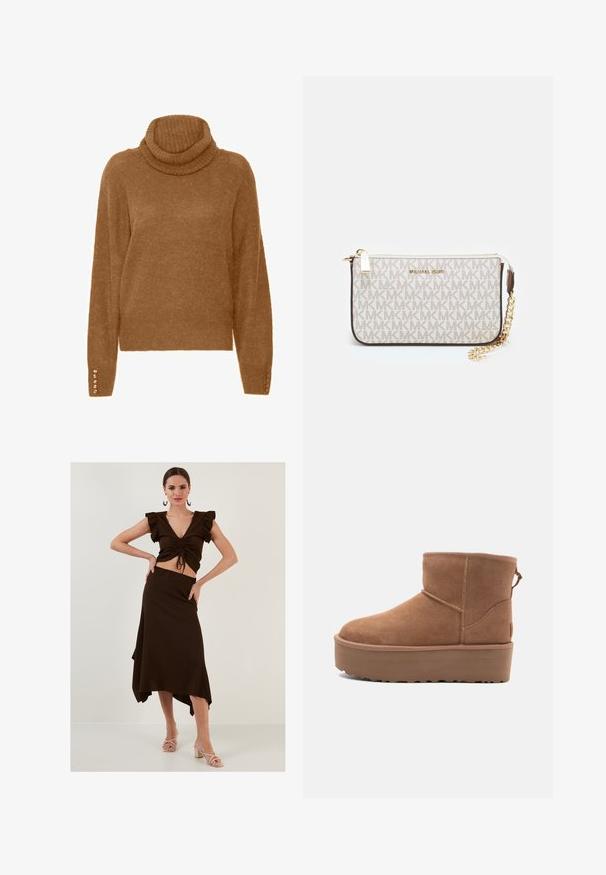 Hnědý rolák s měkkým, texturovaným povrchem a dlouhými rukávy. Obsahuje perlové akcenty na manžetách.; Hnědý žebrovaný souprava se skládá z croptopu s volánovými rukávy a asymetrické sukně s vysokým pasem. Hladký materiál, přiléhavý design.; Hnědé semišové kotníkové boty s platformou, zaoblenou špičkou a prošíváním; mají poutko vzadu pro snadné obouvání.; Kabelka na zápěstí Michael Kors v béžové potažené plátno s opakujícím se vzorem loga MK, zlatými kovovými doplňky a odnímatelným řetízkovým popruhem.