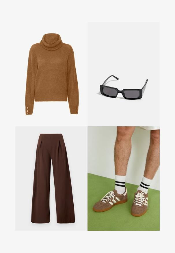 Maglione a collo alto marrone con una finitura morbida e texturizzata e maniche lunghe. Presenta dettagli simili a perle sui polsini.; Pantaloni a gamba larga in tessuto marrone scuro, con vita alta, pieghe frontali e una texture morbida. Adatti per diverse occasioni.; Sneaker in suede marrone con dettagli e lacci bianchi. Suola in gomma color gomma. Indossati con calzini bianchi con righe nere. Pavimento verde texturizzato.; Occhiali da sole neri con montatura rettangolare, lenti scure e finitura lucida e liscia. Presentano aste sottili con un branding discreto sul lato.