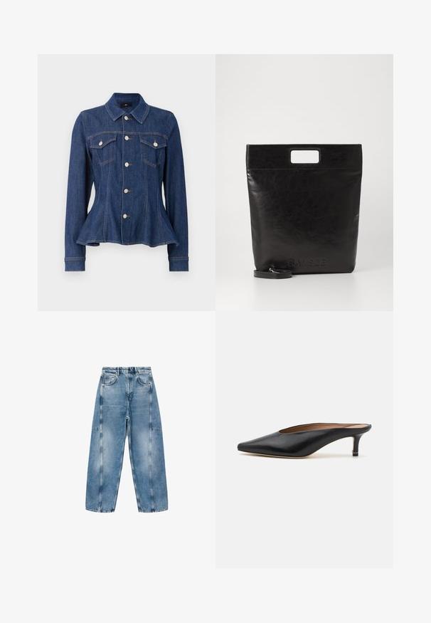 White cropped sweatshirt with long sleeves, featuring a chain and heart pattern in metallic thread along the neckline and shoulders.; Dark blue denim jacket with a fitted waist, button front, two chest pockets, and long sleeves. Features peaked collar and subtle stitching details.; Light blue denim jeans feature a relaxed fit, large pockets, and contrasting stitching. The fabric has a faded finish with a smooth texture.; Black leather mules with a pointed toe and low, block heel. Smooth texture with a sleek design. Open back with minimal detailing.; Black leather tote bag with a square handle, featuring a textured finish and embossed logo. Includes a detachable strap.