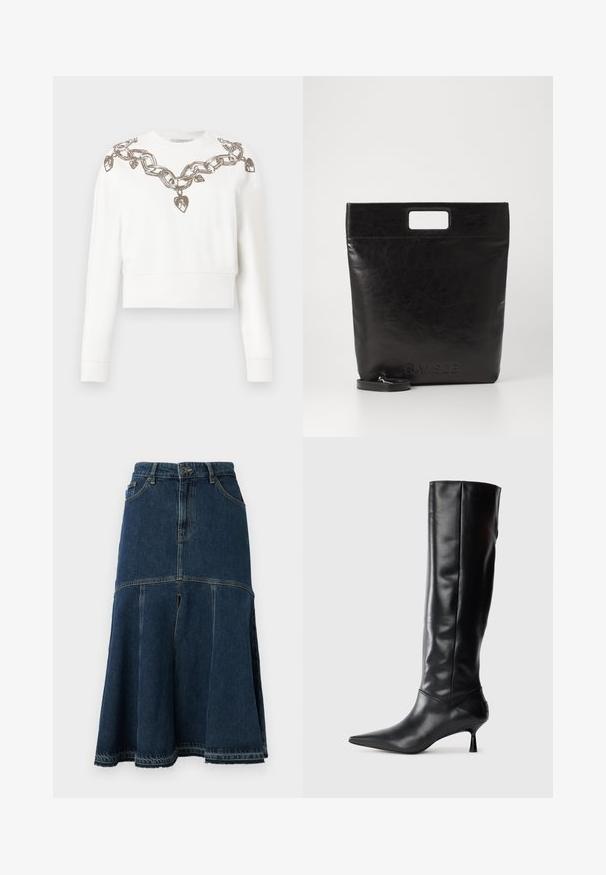 Sweatshirt blanc court à manches longues, avec un motif de chaînes et de cœurs en fil métallique le long de l'encolure et des épaules.; Jupe en denim bleu foncé à forme évasée, avec une taille haute, des poches avant et un ourlet brut. Texture usée et détails de couture.; Botte en cuir noir hautes jusqu'au genou avec un bout pointu et un talon fin et courbé. Texture lisse, design ajusté, sans matériel ni motifs visibles.; Sac fourre-tout en cuir noir avec une poignée carrée, arborant une finition texturée et un logo en relief. Comprend une bandoulière amovible.