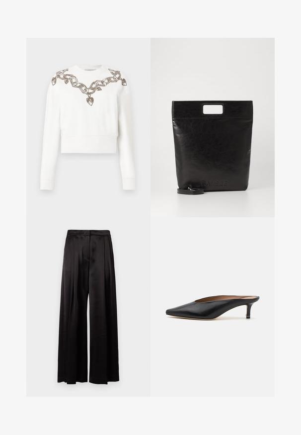 Witte cropped sweatshirt met lange mouwen, voorzien van een ketting- en hartpatroon in metallic draad langs de halslijn en schouders.; Zwarte wijde broek gemaakt van soepel satijn. Heeft een geplooide voorkant en een hoge taille met een elegante afwerking. Geen zichtbare zakken.; Zwarte leren muiltjes met een puntige neus en een lage, blokhak. Glad oppervlak met een gestroomlijnd ontwerp. Open achterkant met minimale details.; Zwarte leren draagtas met een vierkant handvat, met een gestructureerde afwerking en een reliëflogo. Inclusief een afneembare schouderband.
