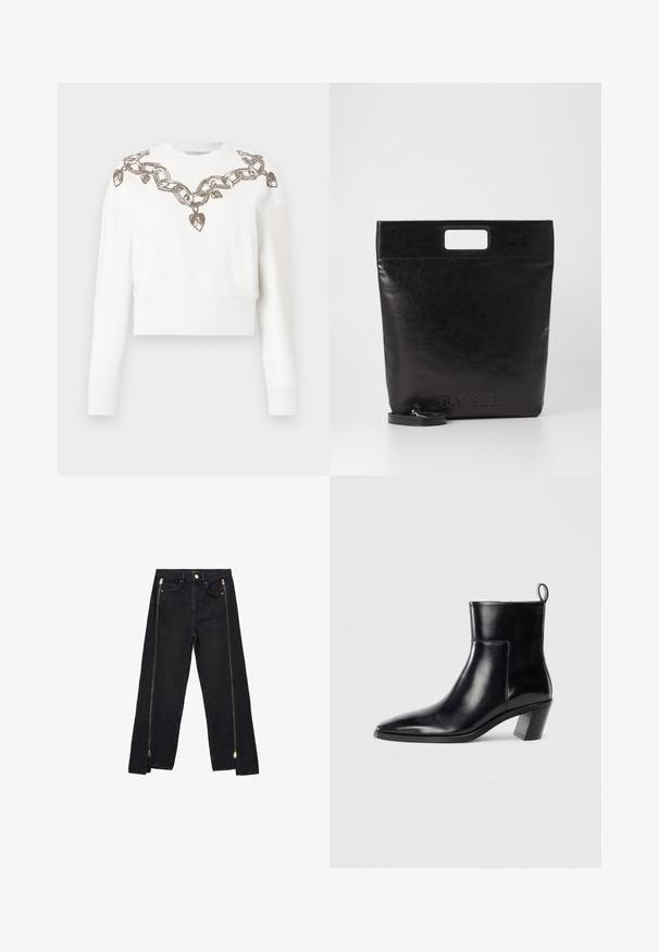 Hvit cropped sweatshirt med lange ermer, med et kjede- og hjerte mønster i metalltråd langs halsen og skuldrene.; Sorte denimjeans med rett bendesign, med gullglidelåser langs sidene og standard lommer i livet.; Sorte skinn ankle boots med spiss tå, geometrisk stablet hæl og en drasnor bak. Glatt tekstur og elegant design.; Svart lær tote veske med firkantet håndtak, med teksturert overflate og preget logo. Inkluderer en avtagbar stropp.