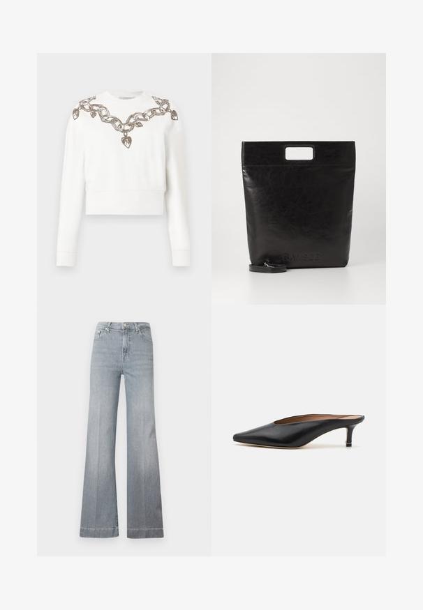 Sweatshirt blanc court à manches longues, avec un motif de chaînes et de cœurs en fil métallique le long de l'encolure et des épaules.; Jean en denim clair, taille haute, évasés. Comprend cinq poches, une fermeture à bouton à l'avant et un ourlet propre avec un léger dégradé aux jambes.; Mules en cuir noir avec un bout pointu et un petit talon carré. Texture lisse avec un design épuré. Dos ouvert avec un minimum de détails.; Sac fourre-tout en cuir noir avec une poignée carrée, arborant une finition texturée et un logo en relief. Comprend une bandoulière amovible.