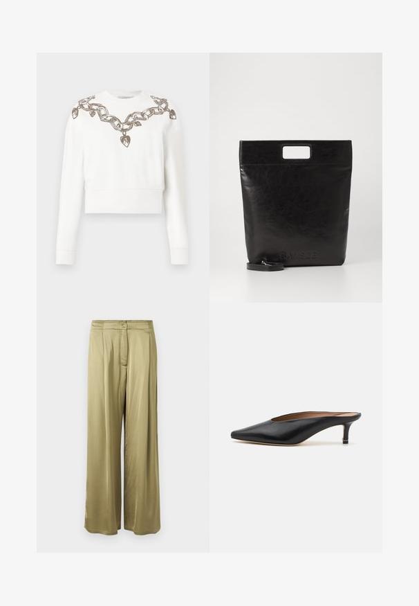 Witte cropped sweatshirt met lange mouwen, voorzien van een ketting- en hartpatroon in metallic draad langs de halslijn en schouders.; Olijfgroene, wijde broek van een soepele stof, met een sluiting aan de voorkant met knoop en geplooide details bij de taille.; Zwarte leren muiltjes met een puntige neus en een lage, blokhak. Glad oppervlak met een gestroomlijnd ontwerp. Open achterkant met minimale details.; Zwarte leren draagtas met een vierkant handvat, met een gestructureerde afwerking en een reliëflogo. Inclusief een afneembare schouderband.