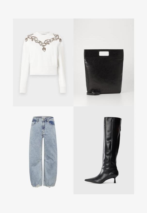 Hanorac alb scurt cu mâneci lungi, cu un model de lanț și inimioare realizat din fir metalic de-a lungul gulerului și umerilor.; Jeans din denim de culoare albastră deschisă, cu un croi lejer, având tivuri destrămate și detalii cu cusături încrucișate pentru un plus de textură și interes de design.; Botine negre din piele, până la genunchi, cu vârf ascuțit și toc subțire, curbat. Textură netedă, design ajustat și fără elemente de prindere sau modele vizibile.; Geantă tote din piele neagră, cu un mâner pătrat, având un finisaj texturat și un logo embosat. Include o curea detasabilă.