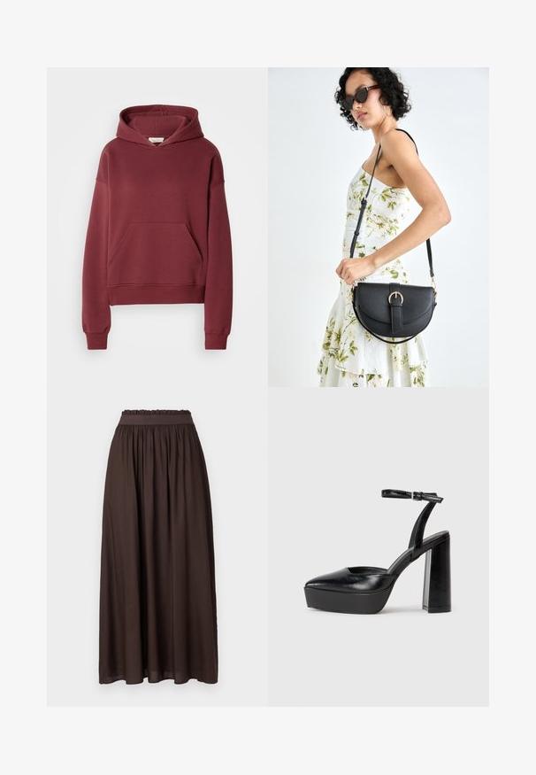 Burgunderfarbener Hoodie aus weichem Baumwollmischgewebe, mit einer Vordertasche, gerippten Bündchen und einer Kapuze mit Zugband. Glatte Textur, lockere Passform.; Brauner, knöchellanger Rock aus glattem Stoff. Elastischer Bund mit geraffter Textur, bietet eine bequeme Passform. Einfaches Design, ohne Muster.; Schwarze Plateau-High Heels mit spitzem Zeh und verstellbarem Knöchelriemen. Gefertigt aus glattem Leder und mit einem klobigen Blockabsatz.; Schwarze Lederhandtasche mit geschwungener Form, abnehmbarem Tragegurt und goldenen Beschlägen. Die Tasche verfügt über einen Deckel mit einer Schnallen-Details.