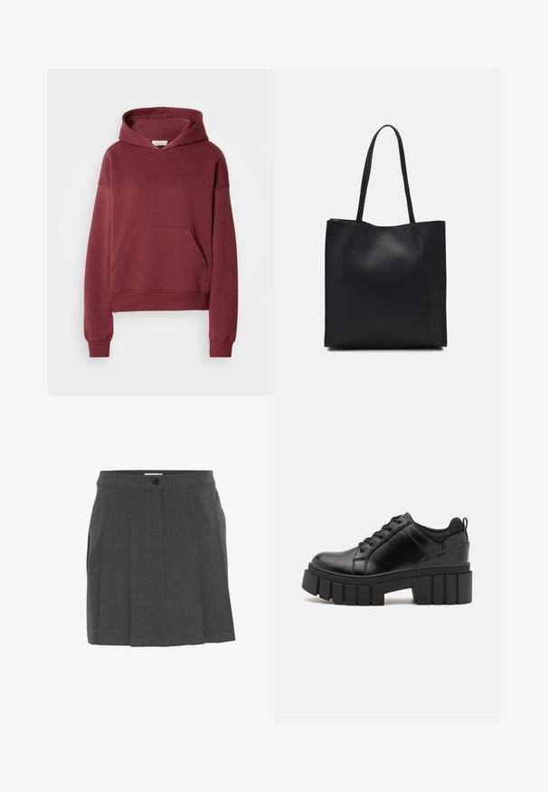 Burgunderfarbener Hoodie aus weichem Baumwollmischgewebe, mit einer Vordertasche, gerippten Bündchen und einer Kapuze mit Zugband. Glatte Textur, lockere Passform.; Grauer plissierter Rock mit einem Bund, ausgestattet mit einem Knopfverschluss vorne. Aus strukturierter Stoff gefertigt, konzipiert für eine taillierte Passform.; Schwarze Lederplateauschuhe mit klobigem Blockabsatz, runder Zehenpartie und traditionellem Schnürdesign. Verfügt über eine glatte Textur und minimale Details.; Schwarze Laptoptasche aus Leder mit glatter Textur, rechteckiger Form und zwei langen Griffen. Keine sichtbaren Beschläge oder Verzierungen.