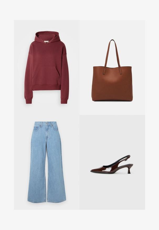 Bordo dukserica napravljena od meke pamučne mješavine, sa prednjim džepom, rebrastim manžetama i kapuljačom sa vezicom. Glatka tekstura, opušten kroj.; Svijetloplave traper hlače širokih nogavica, visokog struka, s prednjim džepovima i neuređenim rubom, uz blagu izbjeljenost i teksturiranu završnu obradu.; Smeđe patentne kožne cipele s otvorenom petom, špicastim vrhom i umjerenom petom. Imaju remen s kopčom za sigurno pristajanje. Glatka tekstura.; Smeđa kožna torba preko ramena s glatkom teksturom, otvorenim vrhom i dvjema naramenicama. Ima minimalne šavove i nema vidljivog hardvera.