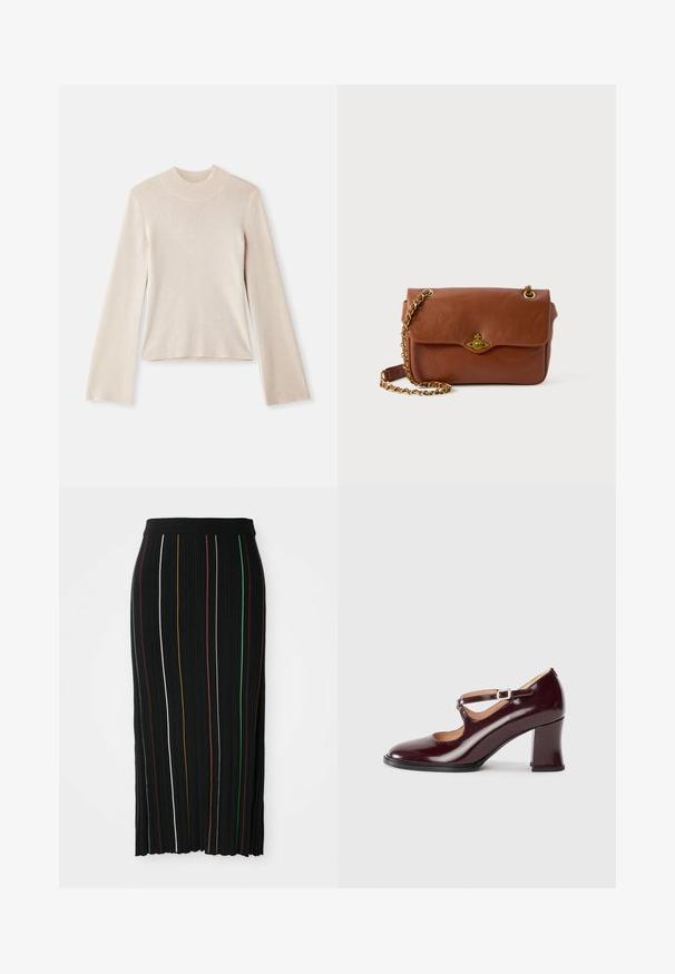 Pulover bej deschis cu mânecă lungă și guler înalt, cu o textură moale, siluetă ajustată și guler cu dantelă. Design simplu, fără modele sau accente.; Fustă plisată neagră cu dungi verticale în galben, portocaliu, roșu, verde și alb. Dispune de un brâu ajustat și un tiv ușor asimetric.; Cizma din piele patent burgundy cu vârf rotund, având o curea și o cataramă în față, și un toc masiv.; Geantă din piele maro, tip crossbody, cu închidere cu clapetă, elemente din aur și curea din lanț. Textură netedă, formă rectangulară, detalii minime.