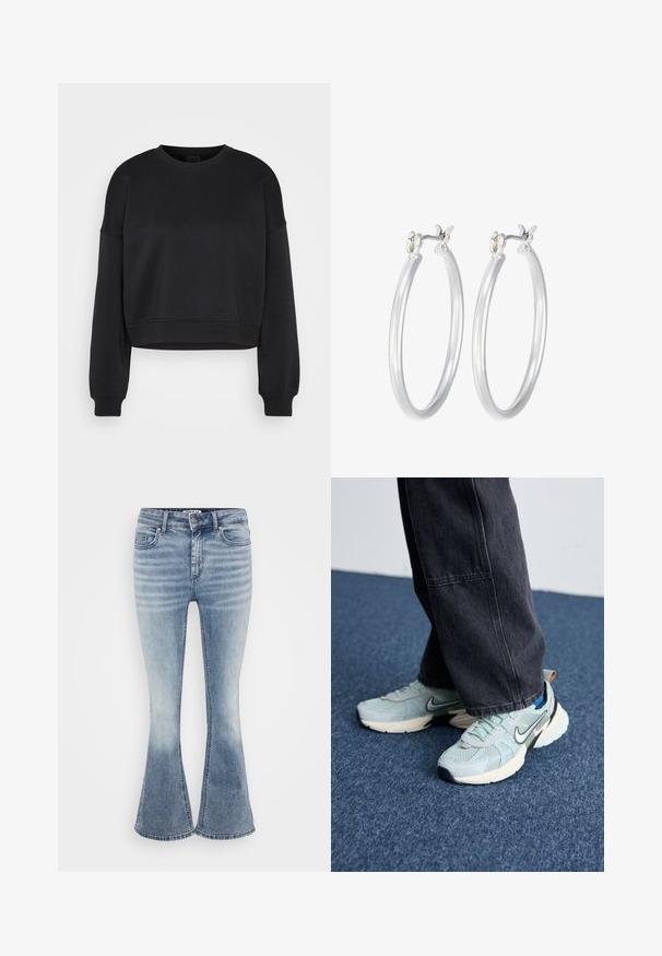 Melna garām piedurknēm cropped sporta krekls ar apaļu kakla izgriezumu un ribotām piedurknēm un apmalēm uz vienkāršas gaiši pelēkas fona.; Gaiši zili platā kāju džinsi, kas izgatavoti no denima, ar klasisku piecu kabatu dizainu, priekšējo rāvējslēdzēju un maigu izbalējumu gar augšstilbiem.; Gaiši zili acs tīkla Nike sporta apavi ar teksturētu virsmu, melnu swoosh zīmi un krēmkrāsas starpposmu, pārī ar tumši pelēkiem platajiem biksēm.; Sudraba riņķveida auss gredzeni ar gludu, pulētu apdari. Apaļa forma un drošs klikšķa augšējais slēgums. Viegls dizains, kas piemērots ikdienas valkāšanai.