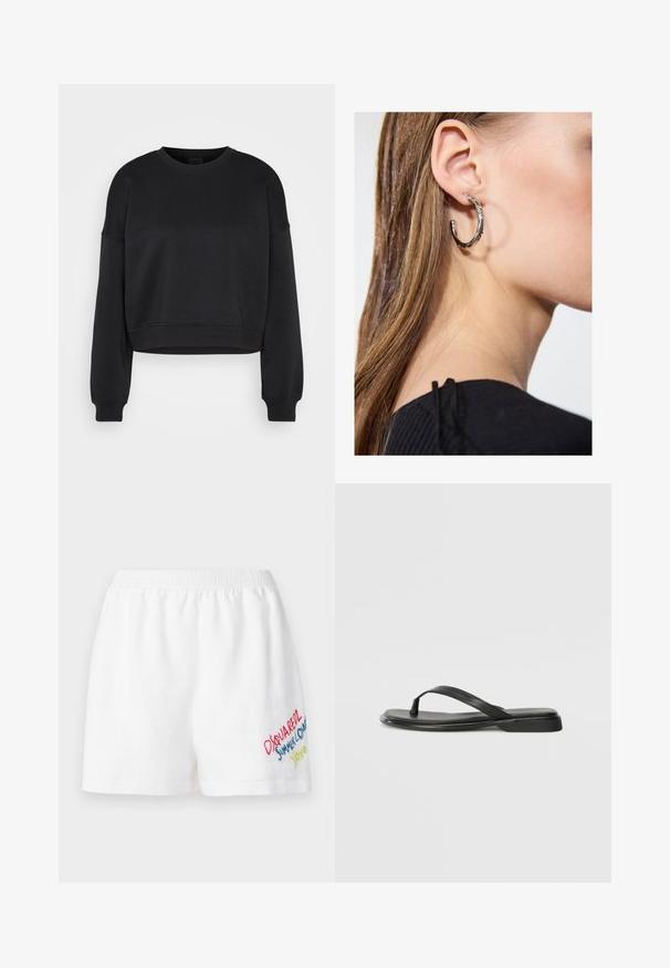 Čierna dlhá rukávová skrátená mikina s okrúhlym výstrihom a rebrovanými manžetami a lemom na jednoduchom svetlosivom pozadí.; Dsquared2 BAGGY - Šortky - white; Čierne šľapky vyrobené z hladkej kože, s tenkým pásikom a plochou podrážkou s minimalistickým profilom. Bez výrazných vzorov alebo akcentov.; Strieborná kruhová náušnica s lesklým povrchom, obsahujúca malé zlaté akcenty a okrúhly tvar, nosená na lalôčiku ucha.