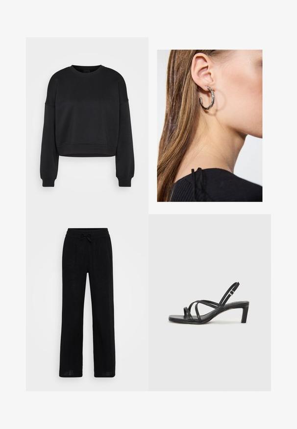 Zwarte langemouwen cropped sweatshirt met ronde hals en ribgebreide manchetten en onderrand op een effen lichtgrijze achtergrond.; Zwarte linnen broek met wijde pijpen, elastische tailleband en trekkoord. Soepele textuur, ademende stof en volledig lange design.; Zwarte sandaal met bandjes, vierkante teen en een lage blokhak. Voorzien van meerdere dunne bandjes en een verstelbare enkelband. Gemaakt van zacht leer.; Zilveren oorbel met een gepolijste afwerking, met kleine gouden accentdetails en een ronde vorm, gedragen op de oorlel.