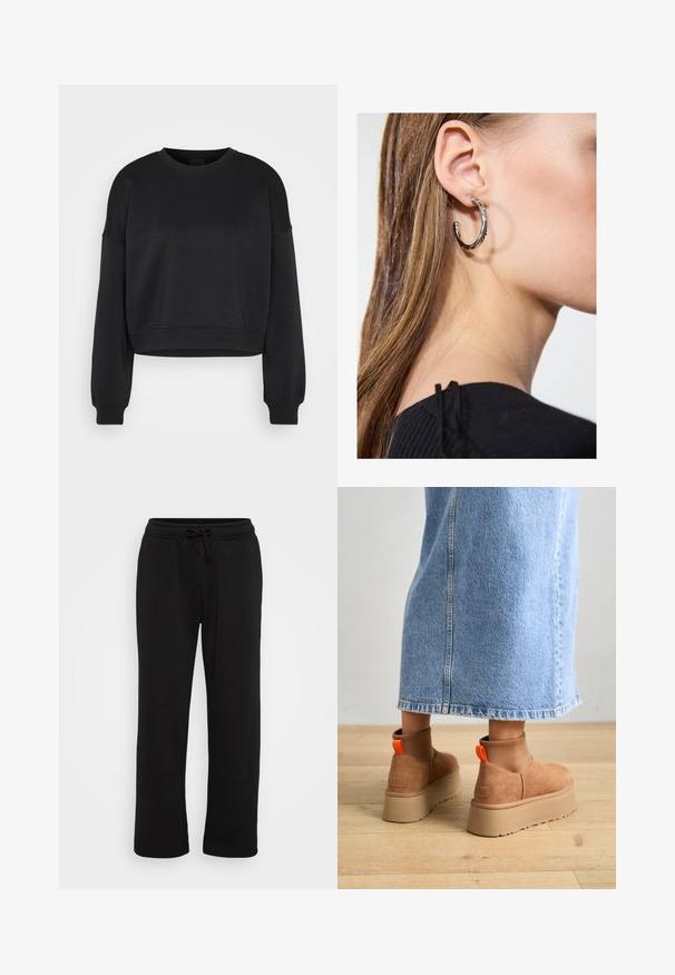 Melna garām piedurknēm cropped sporta krekls ar apaļu kakla izgriezumu un ribotām piedurknēm un apmalēm uz vienkāršas gaiši pelēkas fona.; Melnas taisnas sporta bikses ar elastīgu jostu un regulējamu saiti, parādītas uz baltas fona.; Brūni zamšādas platforma zābaki ar elastīgiem sānu paneļiem un oranžām cilpām, apvienoti ar līdz ceļgaliem garu gaišā denima svārku uz koka grīdas.; Sudraba auskars ar pulētu apdari, ar maziem zelta akcentiem un apaļu formu, uz ausu ļipiņas.