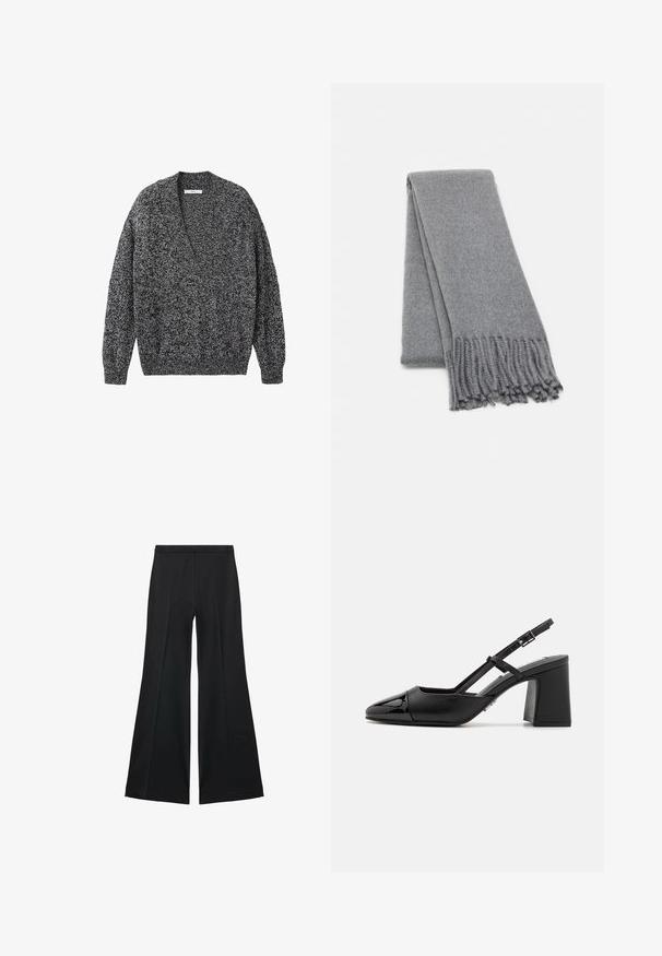 Stickad tröja i svart och gråspräcklig mönster. V-ringad design, långa ärmar och ribbade muddar och nederkant. Mjuk textur, avslappnad passform.; Svarta vida byxor med en slät textur, med framfickor och skräddarsydd design. Tyget är lätt och flödande.; Svart patenterat läder slingback-klack med spetsig tå, blockklack och justerbart band. Slät textur och minimalistisk design.; Grå ullscarf med en mjuk textur, med fransade kanter och en enkel design. Fint vikt, vilket visar dess avlånga form.