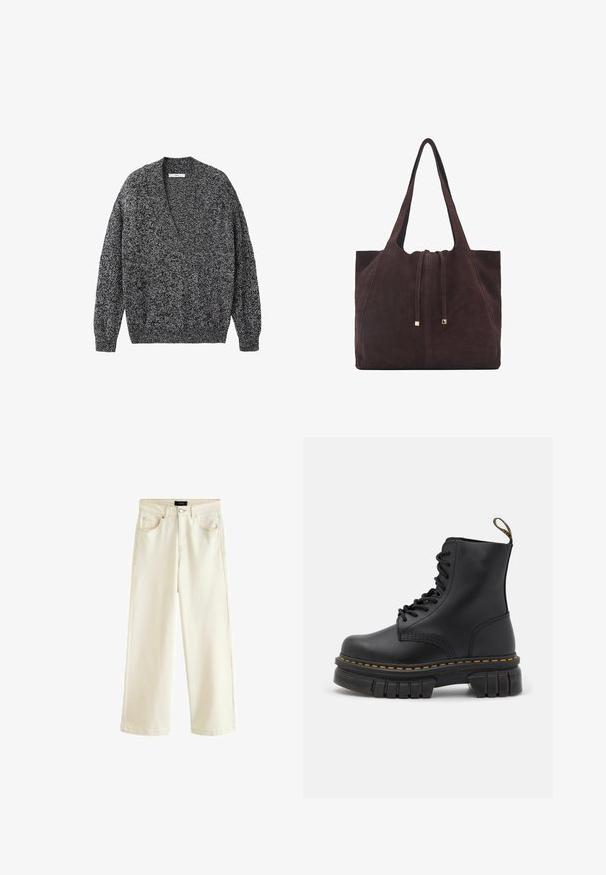 Genähter Pullover in Schwarz und grau gesprenkelt. V-Ausschnitt, lange Ärmel und gerippte Bündchen sowie Saum. Weiche Textur, lockere Passform.; Helle beigen Jeans mit weitem Bein, ausgestattet mit einem Knopfverschluss, fünf Taschen und einer glatten Textur. Einfaches und modernes Design.; Schwarze Leder-Schnürstiefel mit einer robusten Sohle, gelben Nähten, abgerundeter Zehenpartie und einer Schlaufe an der Rückseite für ein einfaches An- und Ausziehen.; Mango Shopping Bag - dark brown