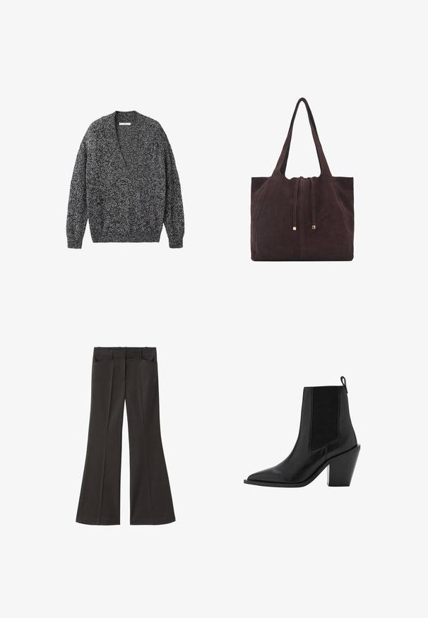 Pulover tricotat într-un model negru și gri cu flecuri. Design cu decolteu în V, mâneci lungi și manșete și tiv cu nervuri. Textură moale, croială relaxată.; Pantaloni evazați negri, cu talie înaltă; au două buzunare frontale și o textură de stofă netedă. Potriviți pentru diverse ocazii.; Botă de gleznă din piele neagră cu vârf ascuțit, panouri laterale elastice și toc geometric chunky. Textură netedă cu un design elegant.; Mango Geantă de pânză - dark brown