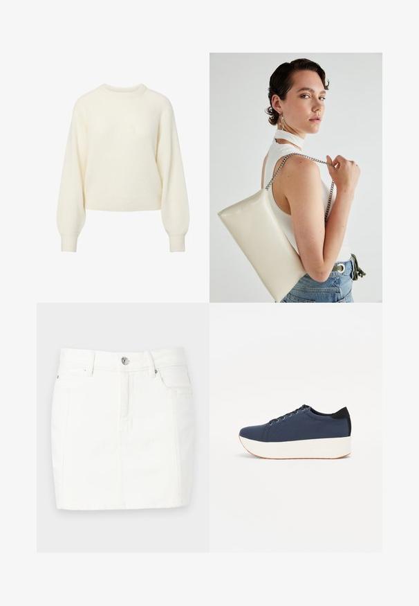 Kreminės spalvos megztinis su ilgomis rankovėmis, su iškiliais tiesiu kaklu, riešais ir apačia.; Balta džinsinė sijonas su prigludusiu dizainu, turintis priekinę mygtukų užsegimą, dvi šonines kišenes ir vidutinį šlaunies ilgį. Lygi tekstūra.; Tamsiai mėlynas sportinis batelis su tekstūruotu audiniu viršuje, baltu platformos padu, apvaliu pirštu ir juodu kulno akcentu.š. Yra šešios skylės raišteliams.; Balta, stačiakampio formos rankinė pagaminta iš blizgaus medžiagos, su sidabriniu virvute. Modelis pozavo, demonstruodamas rankinę prieš paprastą foną.