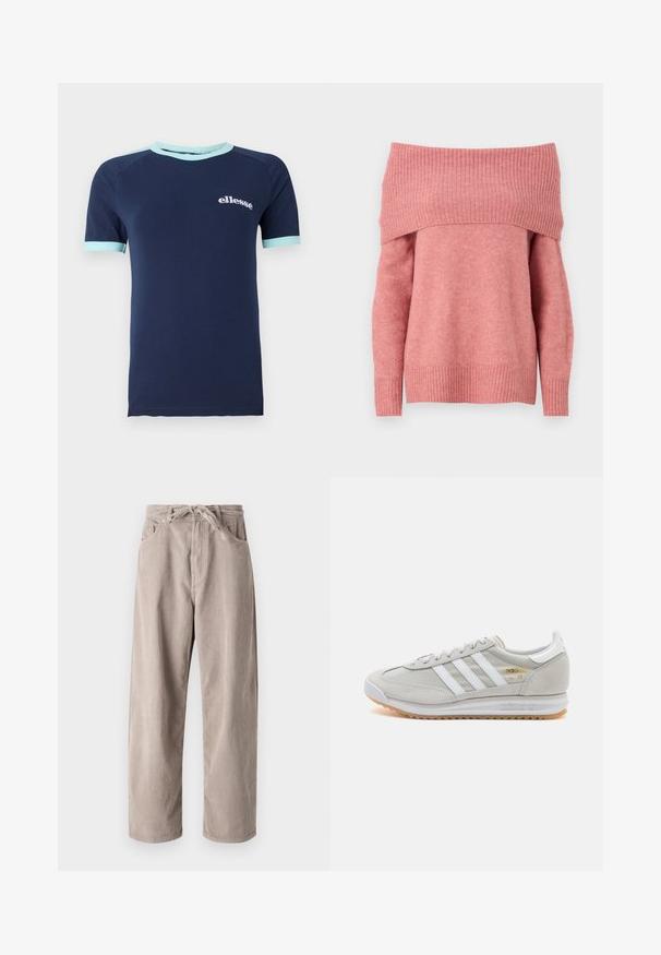 Svetr s odhalenými rameny v jemnej ružovej textílii s rebrovaným výstrihom a manžetami. Klasický strih s hladkou textúrou a dlhými rukávmi.; Tmavomodré tričko s krátkym rukávom vyrobené z bavlny, s svetlomodrým lemovaním na krku a rukávoch, s bielym logom "ellesse" na prednej strane.; Béžové kordové nohavice s voľným strihom, s elastickým pásom na šnúrku, dvoma prednými vreckami a vertikálnym ryhovaným vzorom.; Svetlosivé tenisky vyrobené z kože a sieťoviny, s tromi bielymi pruhmi, okrúhlou špičkou a gumovou podrážkou. Zlatý logový akcent pri šnúrkach.