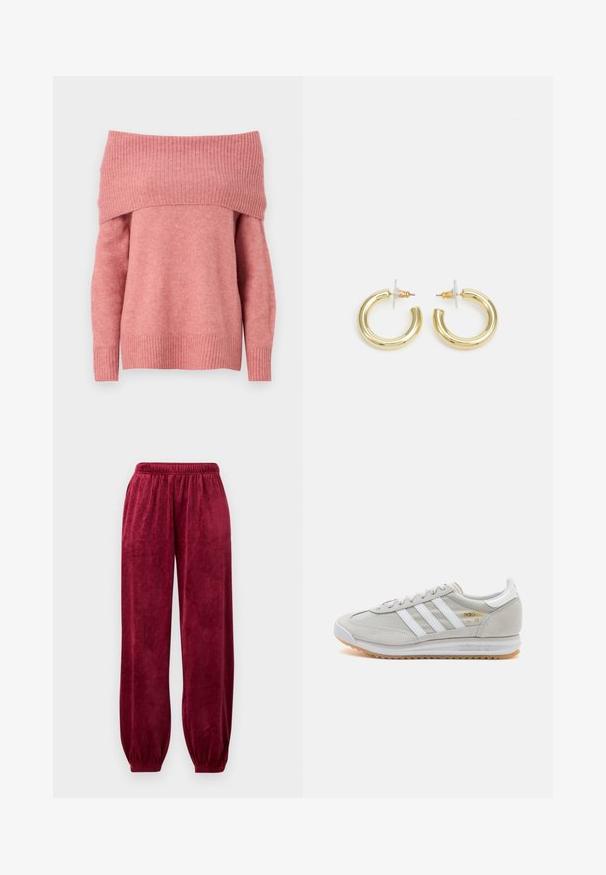 Pulover brez naramnic iz mehkega rožnatega blaga z rebrastim ovratnikom in manšeti. Redna prileganje z gladko teksturo in dolgimi rokavi.; Rdeče velur hlače s športnim pasom, zoženimi manšetami in subtilnim geometrijskim vzorcem po celotni tkanini.; Svetlo sivi tenisice od antilopa i mrežaste tkanine, s tri bijele pruge, okruglim vrhom i gumenim potplatom. Zlatni logo akcent blizu vezica.; Zlate uhane v obliki obročkov z gladko, sijočo površino. Krožna zasnova s majhnim nosilcem in prozornim podplatom za varno nošenje.