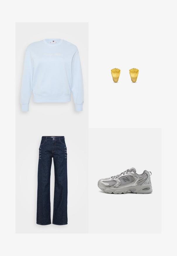 Dunkelgraues Sweatshirt mit einem cropped Design. Mit der Aufschrift "LOVE" in Creme und Tierdruck, gerippten Bündchen und Rundhalsausschnitt. Weiche Textur.; Helles blaues Sweatshirt mit Rundhalsausschnitt aus weichem Stoff. Mit eingesticktem "Tommy Hilfiger"-Logo in Weiß, gerippten Bündchen und Saum.; Dunkelblaue Denim-Weitbein-Hosen mit Schnürdetails an den Seiten, kontrastierenden orangen Nähten und klassischem Fünf-Taschen-Design.; Silberne Sportsneaker mit einem oberen Teil aus Mesh, leichtem Design, gepolstertem Schaft und strukturiertem Sohlenrand mit "ABZORB"-Branding.; Ohrenclips in Form von Goldschalen mit strukturierten Rillen, konischem Design und polierter Oberfläche. Jedes Stück weist ausgeprägte, detaillierte Akzente auf.