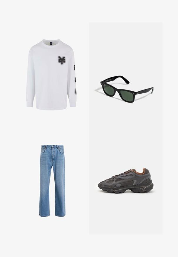 Maglione beige felpato realizzato in tessuto morbido, dotato di collo zip, colletto e vestibilità comoda con un semplice dettaglio di cucitura orizzontale.; T-shirt a maniche lunghe di colore bianco in cotone, con grafiche in stile spray nero sul lato sinistro del petto e sulla manica. Design classico con collo tondo.; Jeans in denim blu chiaro con design a gamba dritta, cinque tasche, chiusura con bottone, leggero sbiadimento e dettagli di cucitura a contrasto.; Sneaker Lacoste grigie scure in materiale mesh e sintetico, con suola testurizzata e dettagli marroni sul colletto e sul branding.; Ray-Ban WAYFARER UNISEX - Occhiali da sole - black