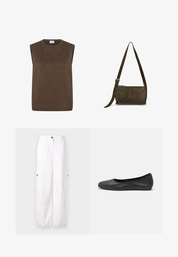 Brązowa bezrękawnikowa dzianinowa kamizelka z okrągłym dekoltem i prążkowanymi brzegami, oznaczona napisem "Saint Tropez" wewnątrz kołnierza.; Brązowa koszula w kratę z guzikami, zapinana jak kurtka, z dwiema przednimi kieszeniami na guziki na piersi i małą naszywką z logo na prawej kieszeni.; Białe spodnie cargo wykonane z bawełny z dwiema przednimi kieszeniami, dwiema kieszeniami bocznymi i elastycznymi mankietami na kostkach. Zawierają zapięcie na guziki.; Czarne skórzane baletki z zaokrąglonym noskiem, gładką fakturą, minimalnymi przeszyciami i elastycznym designem podeszwy.; Ciemnozielona zamszowa torebka crossbody z zamknięciem na suwak, płaskim kształcie, regulowanym paskiem z perforacjami oraz gładką, matową powierzchnią.