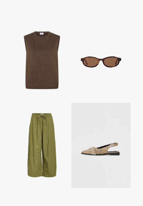 Bruine mouwloze gebreide sweatervest met ronde hals en geribbelde randen, gelabeld "Saint Tropez" aan de binnenkant van de kraag.; Bruine geruite button-up overhemdjas met twee voorzakken met knopen op de borst en een klein logo-opdracht op de rechterszak.; Groene wijde broek van lichtgewicht stof, met een elastische tailleband met een trekkoord en een gladde, niet-getextureerde afwerking.; Beige gepatineerde slingback schoenen met een spitse neus, twee verstelbare gespen en een lage zwarte hak. Glad textuur met een glanzende afwerking.; Bruine zonnebril met ovale montuur, voorzien van een schildpadpatroon en brede armen. Gladde textuur en subtiele brandingdetails aan de zijkant.; Donkergroene leren schoudertas met een ritssluiting aan de bovenkant, platte vorm, verstelbare band met perforaties en een gladde, matte textuur.