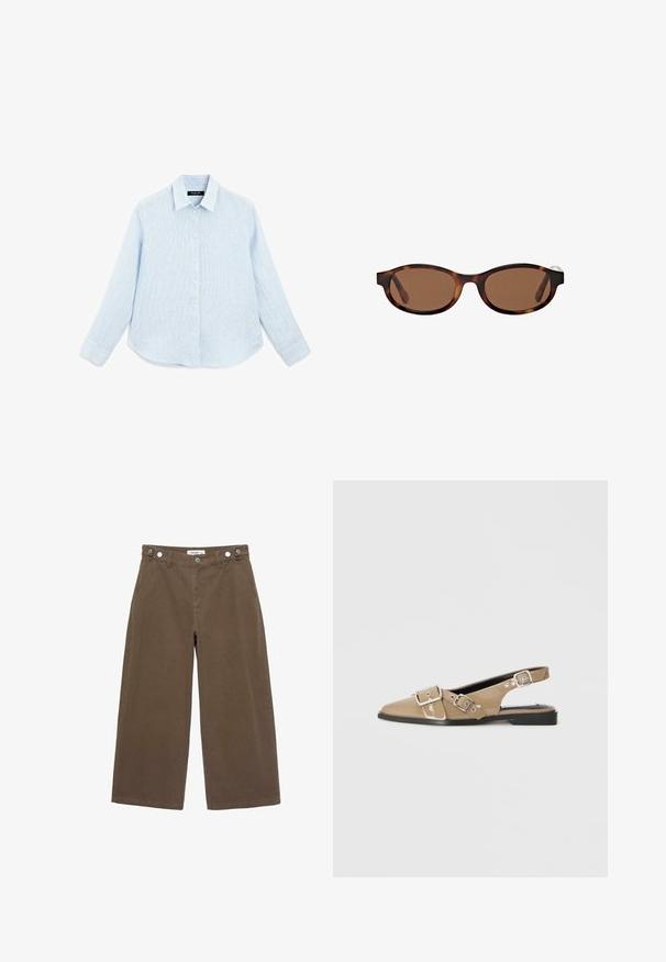 Maglione smanicato marrone in maglia con scollatura rotonda e bordi a coste, etichettato "Saint Tropez" all'interno del colletto.; Camicia button-up azzurro chiaro a maniche lunghe realizzata in tessuto testurizzato. Presenta un colletto a punta, bottoni frontali e un orlo curvo.; Pantaloni larghi marroni realizzati in un tessuto resistente. Presentano due tasche frontali, chiusura con bottone e una vestibilità comoda con una texture liscia.; Scarpe slingback patent beige con punta affusolata, due cinturini regolabili e tacco nero basso. Texture liscia con una finitura lucida.; Occhiali da sole con lenti tonde di colore marrone, caratterizzati da una montatura ovale e un motivo tartaruga, con aste ampie. Texture liscia e dettagli di branding discreti sul lato.; Borsa a tracolla in suede verde scuro con zip nella parte superiore, forma piatta, tracolla regolabile con perforazioni e texture liscia opaca.