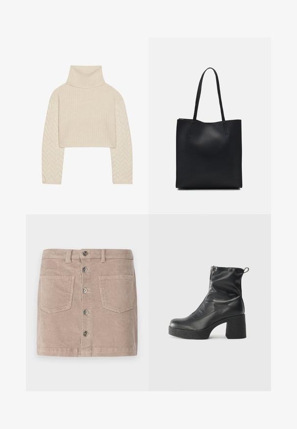 Pull court couleur crème avec un col montant, un corps en tricot texturé et des manches à motif chevron. Fabriqué en matériau doux en fil.; ONLY ONLAMAZING HW LIFE PNT N - Minijupe - goat; Bottes noires à la cheville en cuir lisse, dotées d'une fermeture éclair sur le côté, d'un talon épais texturé et d'une conception à bout rond.; Sac fourre-tout en cuir noir avec une texture lisse, de forme rectangulaire et deux longues poignées. Pas de matériel ou d'ornementations visibles.