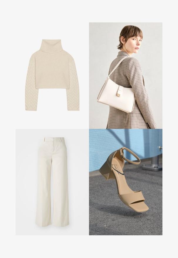 Kermanvärinen lyhythihainen neulepaita, jossa on korkea kaulus, teksturoitu neulepinta ja herringbone-kuvioiset hihat. Valmistettu pehmeästä lankamateriaalista.; Tilavat housut vaaleassa beigeissä sävyissä, valmistettu sileästä kankaasta. Ominaisuuksina klassinen vyötäröosa ja litteä etuosa, joissa on puhtaat linjat.; Beige-sävyinen lohkoilmeen sandaali, jossa on neliön muotoinen varvas, minimaaliset hihnat ja nilkkahakaneula. Sileä, matta materiaali harmaata pinta vasten.; Valkoinen nahkainen käsilaukku, jossa on jämäkkä muotoilu, magneettinen suljin ja olkahihna, esillä neutraalilla taustalla.; Kermainen pehmustettu pääpanta, jossa on kiertävä muotoilu, yhdistettynä beige-valkoraidalliseen puseroon, jossa on pyöreä pääntie. Huomaamaton koruasu.