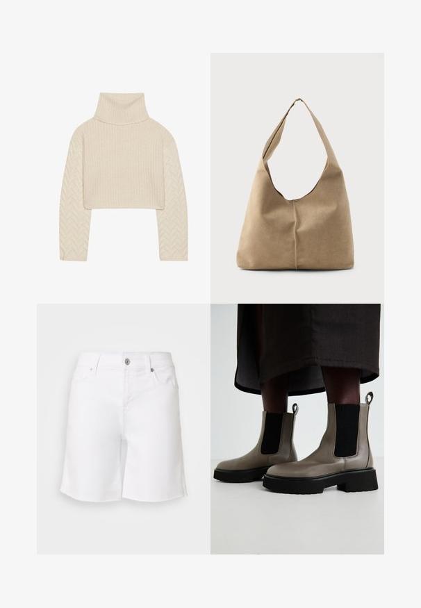 Kermanvärinen lyhythihainen neulepaita, jossa on korkea kaulus, teksturoitu neulepinta ja herringbone-kuvioiset hihat. Valmistettu pehmeästä lankamateriaalista.; Valkoiset farkkushortsit, joissa on raaka helma, viisi taskua ja metallinappi. Includes a fitted waist and relaxed leg design.; Harmaat nilkkurit, jotka on valmistettu teksturoidusta nahasta ja joissa on joustavat sivupaneelit sekä paksu musta pohja. Varustettu vetoketjuilla, jotka helpottavat pukemista.; Hobo-laukku pehmeästä beige-suedesta, jossa on löysä muoto, leveä olkahihna ja käsinommeltu sauma edessä.